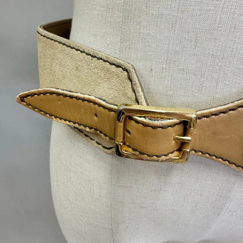 Vintage Suede Leather Waist Belt w/ Gold‎ Lion Medallion Statement Size Large